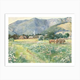 Landscape With Horses And Flowers Art Print