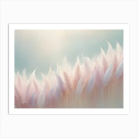 Pink And White Feathers Arranged In A Curved Line Against A Soft Blue And Green Background Art Print