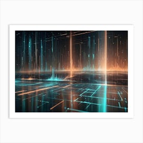 An Abstract Image Of A Futuristic Cityscape With Glowing Orange And Blue Lines, Resembling A Digital Network Or A Cityscape Art Print