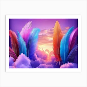 3d Geometric Bold Purple Backdrop, Vibrant Feathers and Serene Clouds Art Print