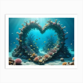 Underwater Scene With A Heart Shaped Coral Reef And Various Colorful Fish Swimming Through It Art Print