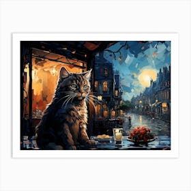 Cat and Cafe Terrace at Night Van Gogh inspired Art Print