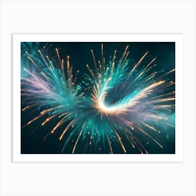 A Vibrant Burst Of Fireworks In The Night Sky, With Teal And Gold Colors Forming A Swirling Pattern Art Print