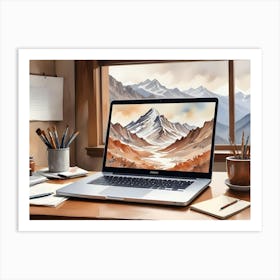 An Artist S Workspace With A Laptop Displaying A Watercolor Painting Of A Mountain Range Art Print