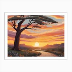 Solo Old Tree By A Country Road In A Hilly Landscape With Gras, Flowers And Trees Leading To Some Mountains In A Bright Morning Sunrise Vivid Color Painting Art Print