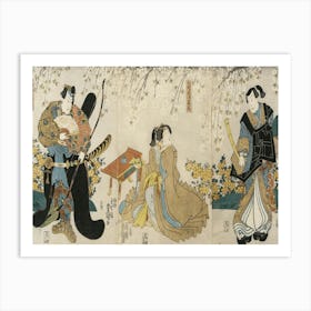 Actors In The Roles Of Shimada Shigesaburō, Kugyō Ama Jitsuwa Takao And Sakingo Yorikane Under Cherry Art Print