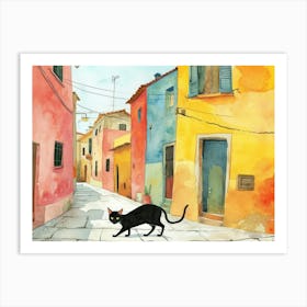 Brindisi   Black Cat In Street Art Watercolour Painting 2 Art Print
