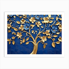 Elegant Gold And Royal Blue Floral Tree With Seamless Leaves Painting Art Print