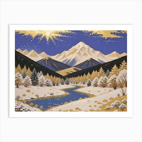 Ethereal Gold Winter Stream and Mountains Art Print