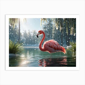 Plush Flamingo Panicled With Soft Greens Gently Wading Across The Smooth Surface Of A Glasslike La Art Print