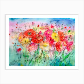 Floral Splendor Poppies in a Summer Breeze Watercolor Art Print