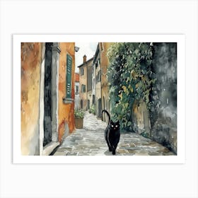 Black Cat In Brescia, Italy, Street Art Watercolour Painting 2 Art Print