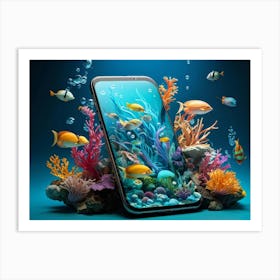 Futuristic Smartphone Morphing Into Aquatic Creature Version In A Vibrant Whimsical And Surreal Un Art Print