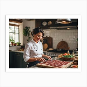 Candid Shot Of A Sophisticated Female Chef Just Slicing Up The Buttery Raw Bacon For A Tasting Ital (1) Art Print