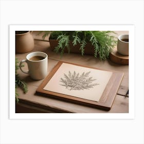 A Still Life Photo Of A Wooden Table With Two Mugs Of Coffee, A Framed Drawing Of A Fern Leaf, And A Pencil Art Print