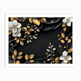 Luxury Black And Golden 3d Floral Design Art Print