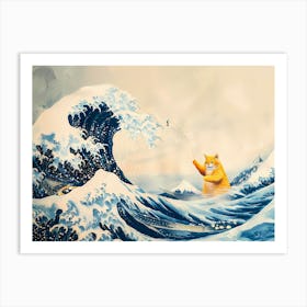 Great Wave And Fishing Cat Art Print