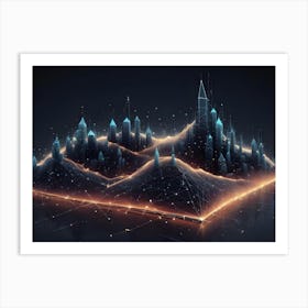 A 3d Representation Of A Futuristic City, Depicted As A Wireframe Model With Glowing Blue Lines And Orange Accents, Set On A Dark Background Art Print