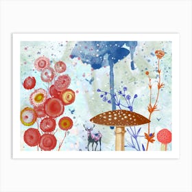 Enchanted Forest with Mushrooms and Deer – Whimsical Nature Art Art Print