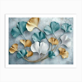 A 3d With Turquoise and Golden Ginkgo Leaves on a Light Gray Background Art Print