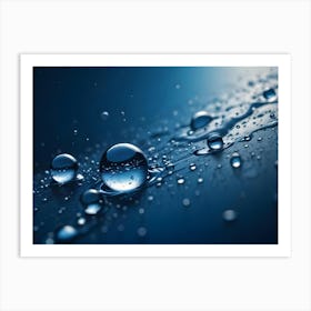 A Close Up Shot Of Water Droplets On A Dark Blue Surface, Creating A Sense Of Reflection And Depth Art Print