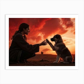 Dog And Girl At Sunset Art Print