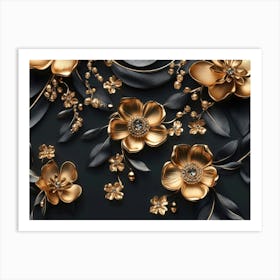 3d Artwork Illustration Background with Golden Jewelry and Flowers in Black Design 2 Art Print