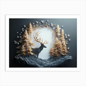 3d Modern Stereo Stag Deer Animal With Forest 1 Art Print