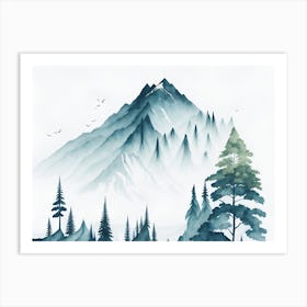 Mountain And Forest In Minimalist Watercolor Horizontal Composition 55 Art Print