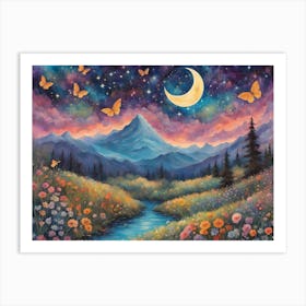 Mystical Moonlit Symphony Vibrant Stars, Enchanting Mountain Art Print