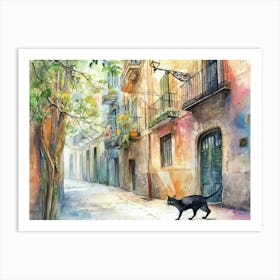Barcelona, Spain   Black Cat In Street Art Watercolour Painting 4 Art Print