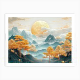 3d Modern Art Landscape Moon, Golden Christmas Trees, Colorful Mountains Art Print