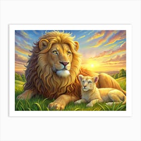 Lion And Lion Cub Sitting In Grass Art Print