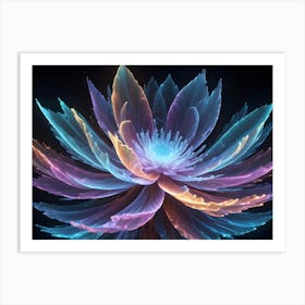 An Ethereal, Glowing Flower With Delicate, Feathery Petals In Shades Of Blue, Purple, And Orange, Against A Dark Background Art Print