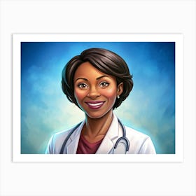 A Portrait Of A Smiling Black Woman Doctor, Wearing A White Coat And Stethoscope, With A Soft Blue Background Art Print