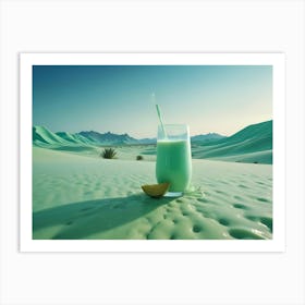 A Glass Of Green Smoothie Stands On A Green, Sandy Desert With Palm Trees In The Background Art Print