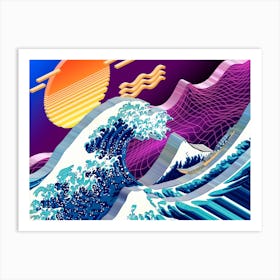 Isometric Synthwave: The Great Wave off Kanagawa [synthwave/vaporwave/cyberpunk] — aesthetic poster, retrowave poster, neon poster, Katsushika Hokusai, ukiyo-e, ukiyoe Art Print