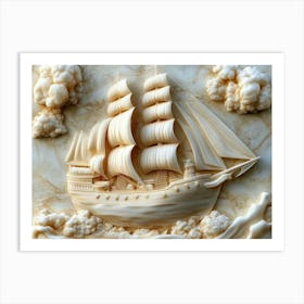 A Detailed Ship Sailing 3d Carved in Marble Stone Art Print