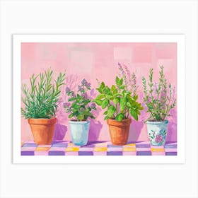 Potted Herbs On A Windowsil Pink Checkerboard 2 Art Print