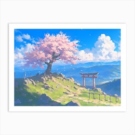 Cherry Blossom Tree On Top Of The Mountain Art Print