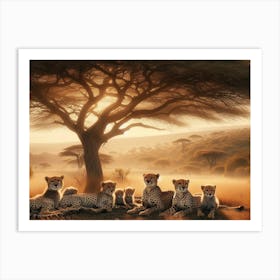 A family of cheetahs resting under the shade of an acacia tree 1 Art Print