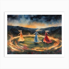 Dance of the Crones ~ Wise Women Fire Dancing on Beltane Drawing up Power from the Earth to Heal and Manifest - Acrylic Painting Colorful Witchy Artwork of Pagan Celtic Festival May Day Eve - Fairytale Powerful Wild Sisters Network Creating Magick HD Art Print