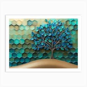 A Vibrant 3d Tree Artwork With Delicate Turquoise And Blue Leaves, Standing On A Gentle 1 Art Print