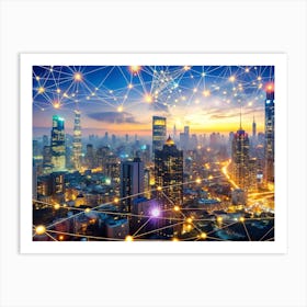 An Aerial View Of A City Skyline At Night Art Print