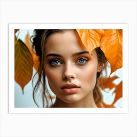 Artistic portrait beautiful woman blue eyes behind orange autumn leaves 3 Art Print