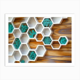 White Lattice and Turquoise Combine with Dynamic Hexagons in an Oak Wood Art Print