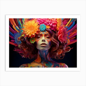 Colorful Woman With Flowers. Psychedelic Woman Colors Abstract Art Print