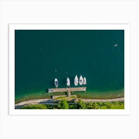 Yachts and sailboats from above, moored on Lake Orta. Piedmont, Italy. Drone photography. Art Print