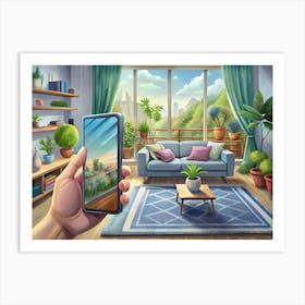 Hand Holding A Smartphone Showing A Virtual View Of A Living Room With Green Plants Art Print