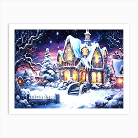 Pink Sunset Christmas - Christmas House At Nightfall Art Print